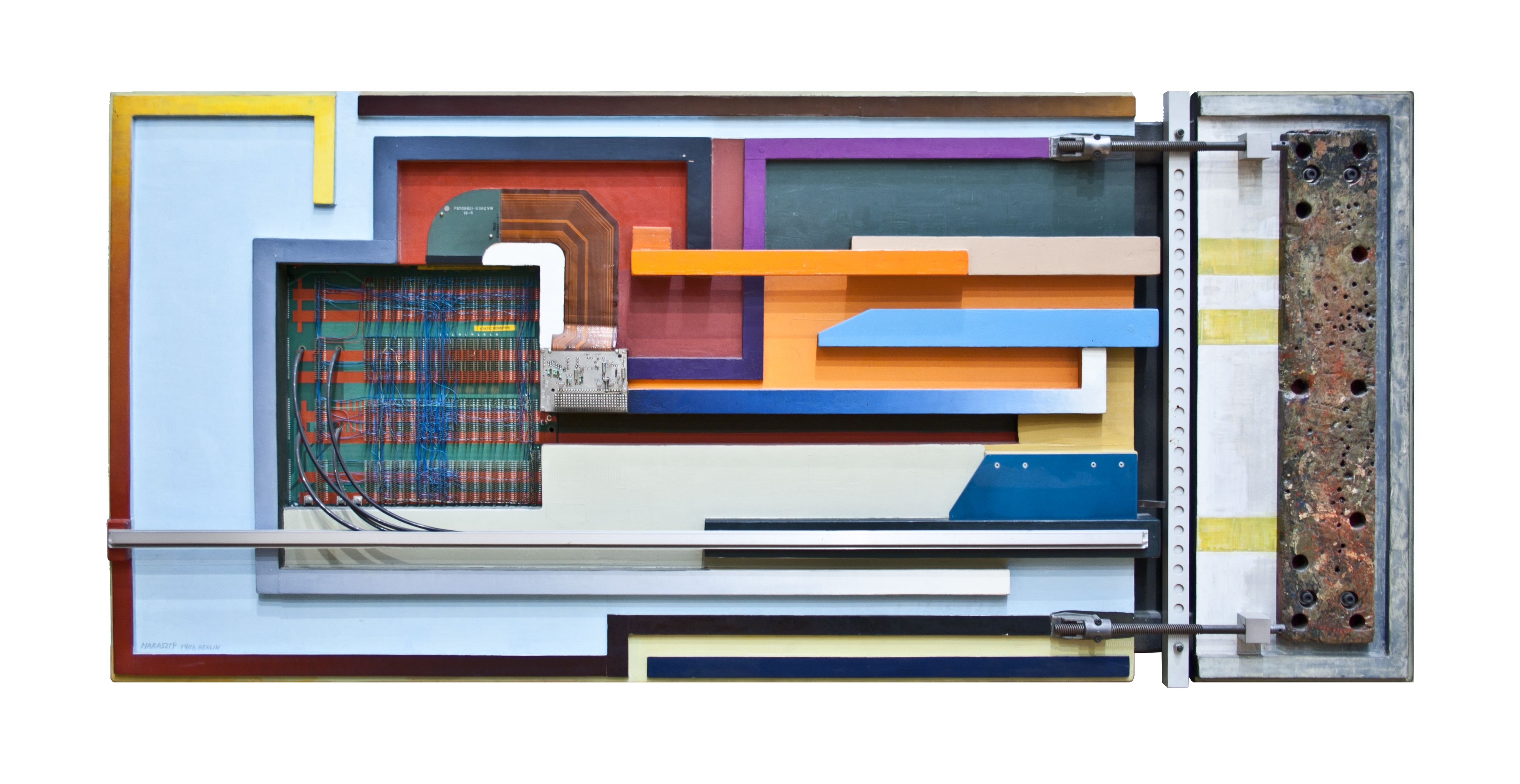 Harasztÿ István: Honecker a berlini falnál (Kémek zsákutcában), 1988, fa, fém, elektromos, 73x159 cm